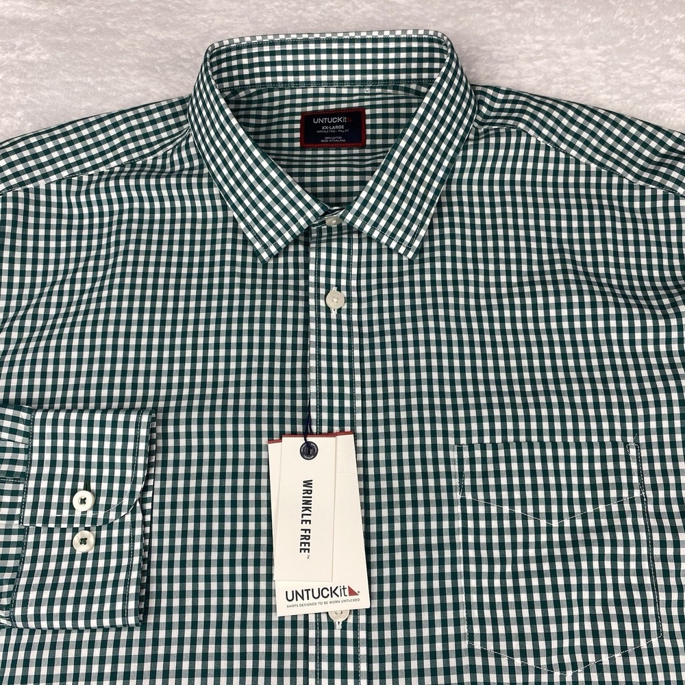 UNTUCKit Shirt Mens XXL Tall Green/White Checks Wrinkle Free NWT!‎